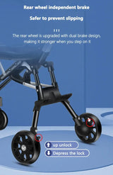Close-up of the rear wheel independent brake on a light foldable baby stroller, highlighting dual brake design for safety.