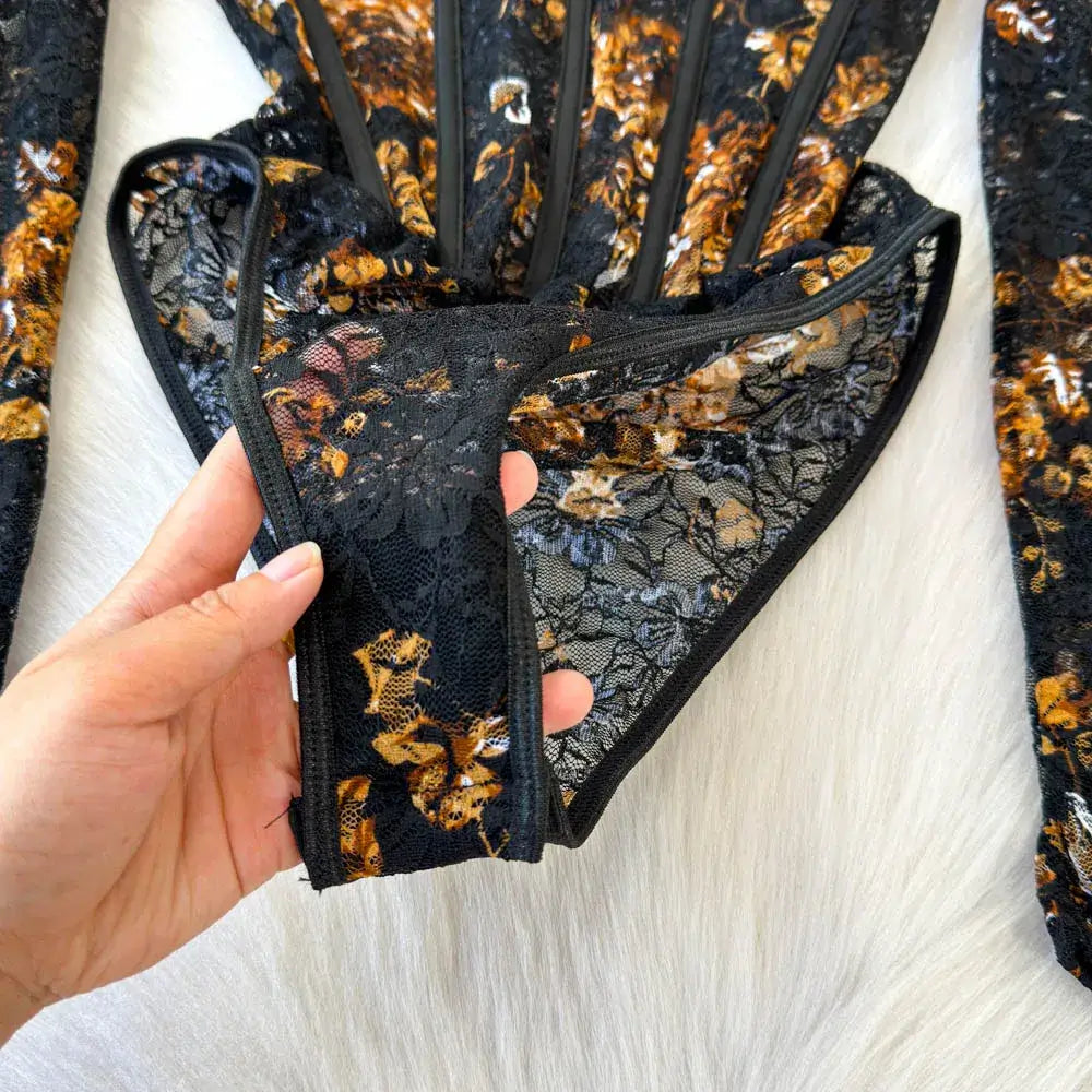 Women Square Neck Mesh Print Bodysuit