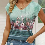 Vintage floral v-neck t-shirt for women, featuring a beautiful 3D print with roses and other flowers.