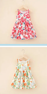 Two cute summer dresses for girls: one with red floral print and the other with colorful fruit pattern, knee-length style.