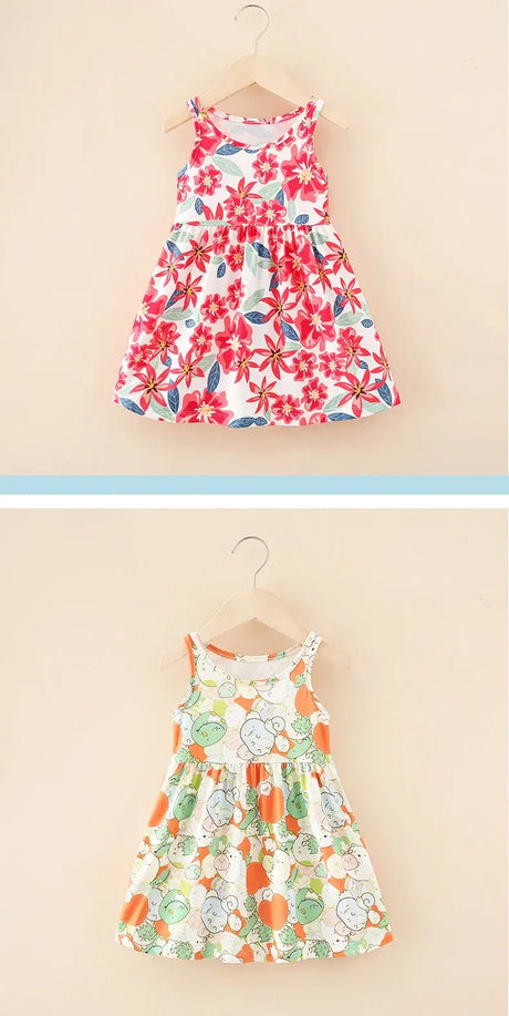 Two cute summer dresses for girls: one with red floral print and the other with colorful fruit pattern, knee-length style.