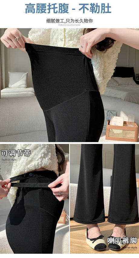 Y2K Bootcut Maternity Pants in ice silk, showing adjustable waistband and flattering fit for summer.