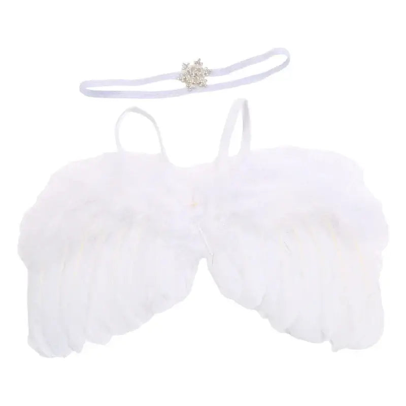 White baby angel wings with headband for newborn photography props, suitable for 0-12 months, unisex outfits.