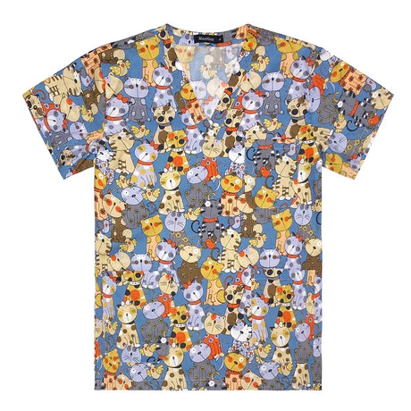 Colorful women's scrub top featuring playful animal prints, ideal for medical professionals in vibrant settings.