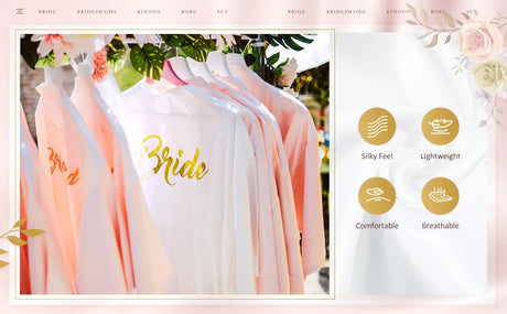 Elegant pink Bride kimonos hanging, showcasing silky texture and lightweight design for wedding celebrations.
