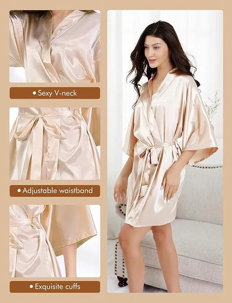 7-Piece satin bride robe set showcasing a model in a stylish gown with a sexy V-neck and adjustable waistband.