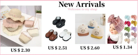 New arrivals showcasing baby hats, shoes, bags, and headbands in various styles and colors.