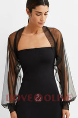 Black tulle bridal cape with long sleeves, perfect for weddings. Stylish wedding jacket by Dove&Olive.