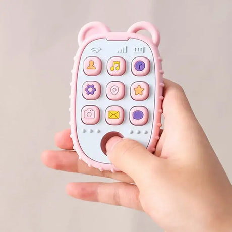 Colorful baby toy phone with bear ears, designed for toddlers to stimulate learning and play.