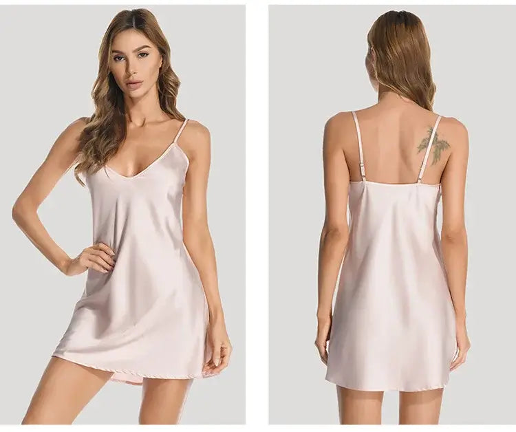 Women Ice Silk Satin Nightdress Sexy V-Neck Sleepwear
