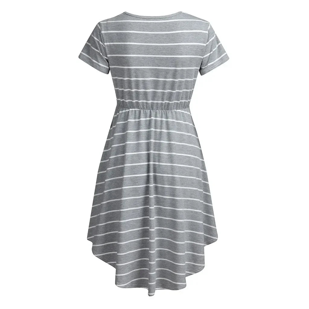 Back view of striped multifunctional nursing dress, perfect for maternity and baby showers, featuring ruffles and an A-line silhouette.