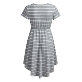 Back view of striped multifunctional nursing dress, perfect for maternity and baby showers, featuring ruffles and an A-line silhouette.