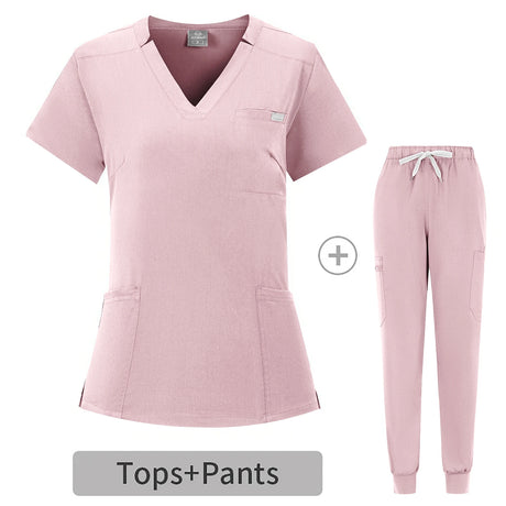 Summer breathable coveralls set in soft pink, featuring a V-neck top and comfy pants, ideal for healthcare professionals.