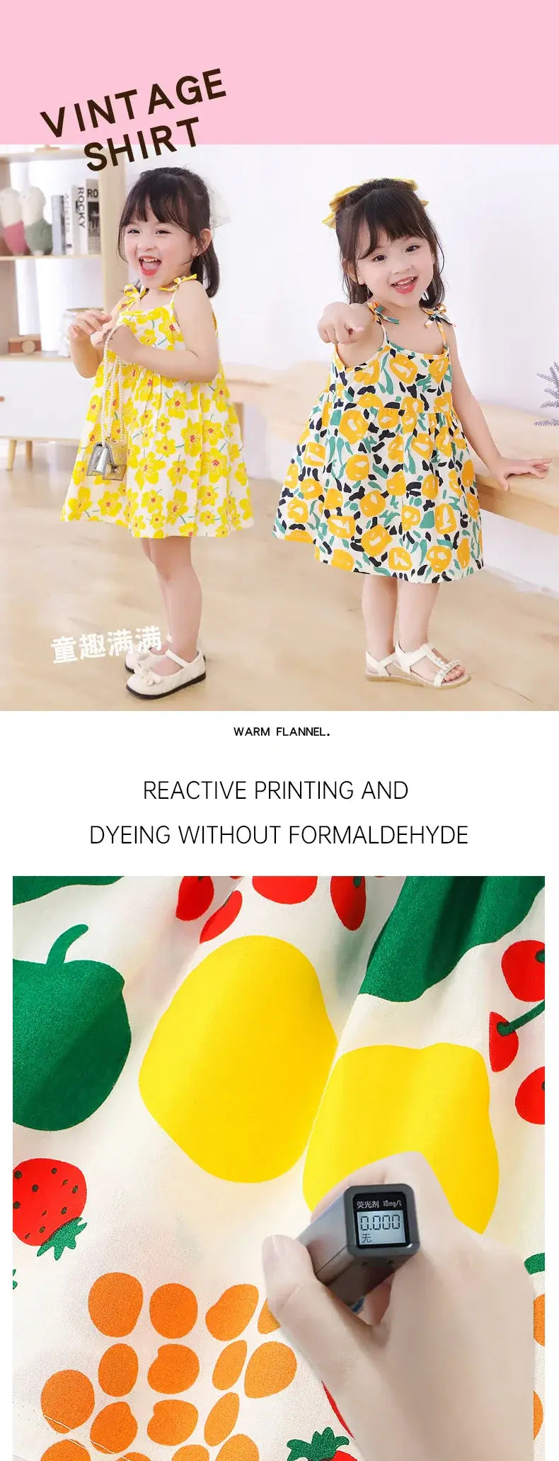 Two girls in colorful summer dresses with fruit patterns, showcasing a vintage style in a playful indoor setting.