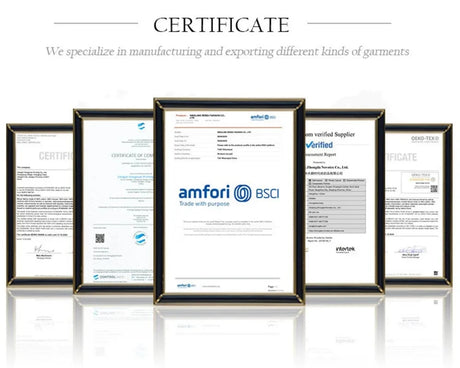 Certificates of garment manufacturing and export, showcasing quality and compliance standards.