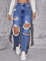 Women Retro Hole Wide-Leg Jeans