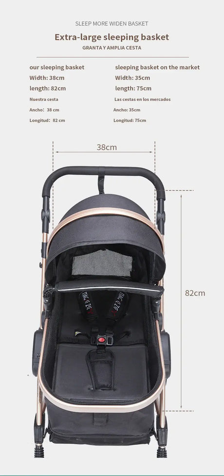 Extra-large baby stroller sleeping basket dimensions, 82 cm length, 38 cm width, designed for comfort and safety.