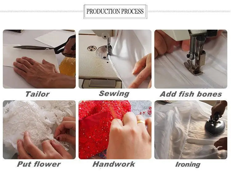 Production process of a wedding gown showcasing tailoring, sewing, adding fish bones, flower placement, handwork, and ironing.