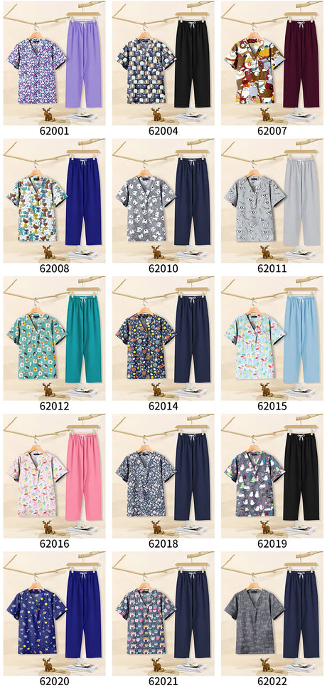 Colorful collection of cartoon print dental scrubs for women, including tops and pants for pet grooming workwear.