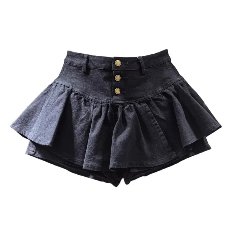PuffyBelt™ – Puffy Layered Denim Skirt (Black A-line, High Waist)