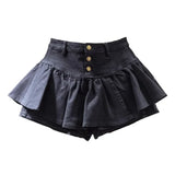 PuffyBelt™ – Puffy Layered Denim Skirt (Black A-line, High Waist)