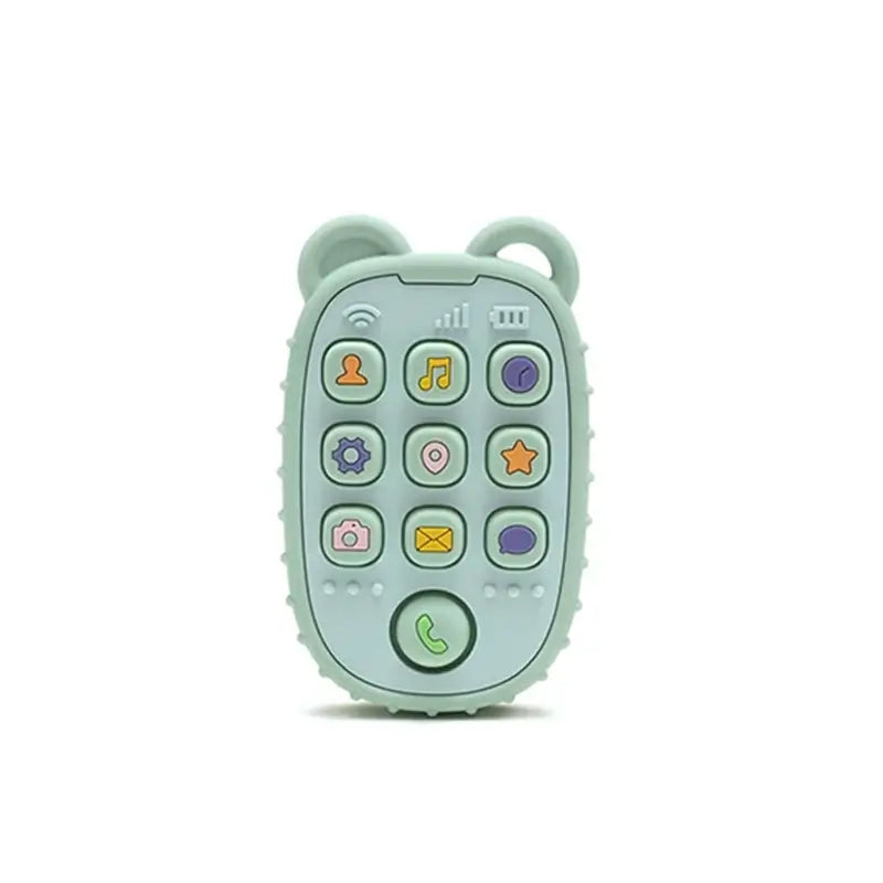 Baby teether toy shaped like a phone, soft silicone with colorful buttons, designed for infants and toddlers.