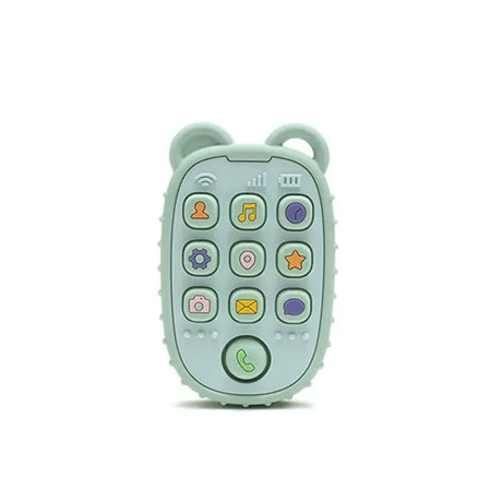 Baby teether toy shaped like a phone, soft silicone with colorful buttons, designed for infants and toddlers.