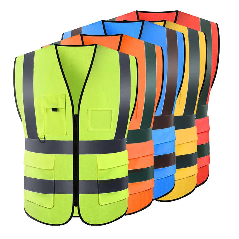 Unisex multi-pocket safety vests in vibrant colors with reflective stripes, ideal for durable workwear and utility safety.