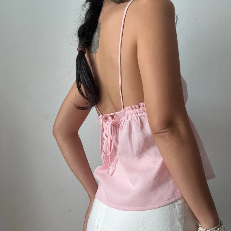 Off Shoulder V‑Neck Pink Crop Tank Top