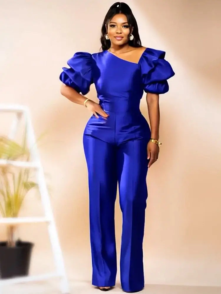 Women Satin Puff Sleeve Party Jumpsuit