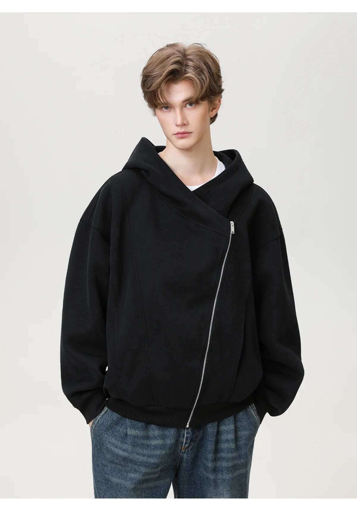Slant Zipper Hooded Cardigan Jacket