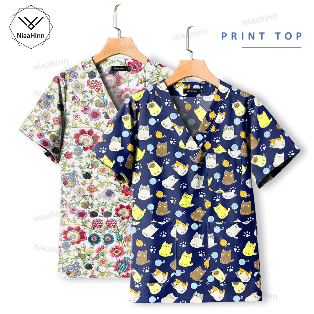 Printed nursing scrub tops featuring colorful patterns; short sleeve healthcare uniform for women.