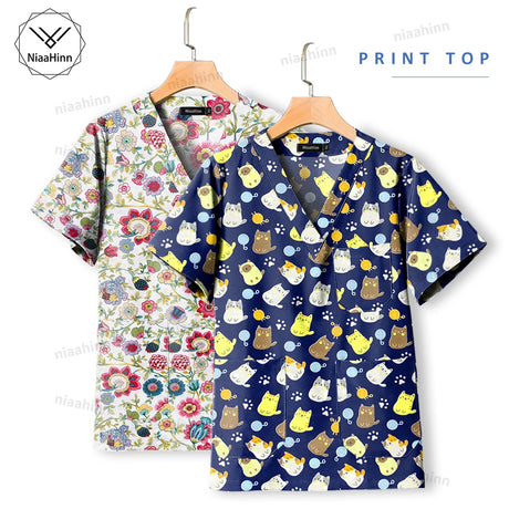 Printed nursing scrub tops featuring colorful patterns; short sleeve healthcare uniform for women.