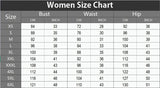 Women size chart showing bust, waist, and hip measurements in cm and inches for various sizes from XS to 6XL.