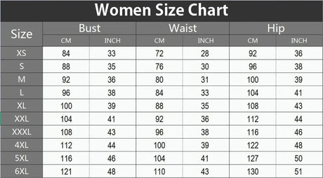 Women size chart showing bust, waist, and hip measurements in cm and inches for various sizes from XS to 6XL.