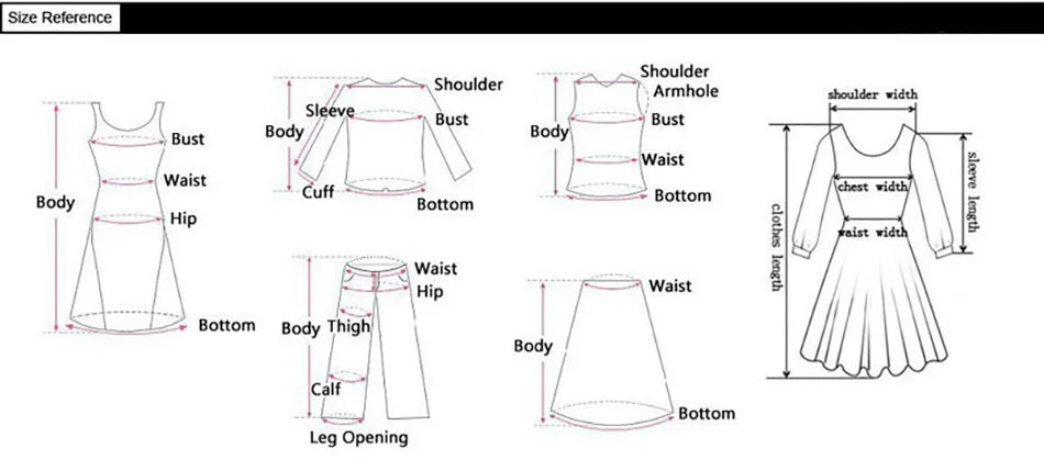 Size reference chart for women's clothing including measurements for bust, waist, hip, and sleeve length.