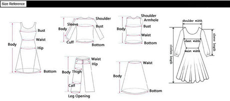 Size reference chart for women's clothing including measurements for bust, waist, hip, and sleeve length.