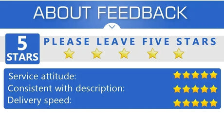 Five-star feedback request graphic highlighting service attitude, description consistency, and delivery speed ratings.