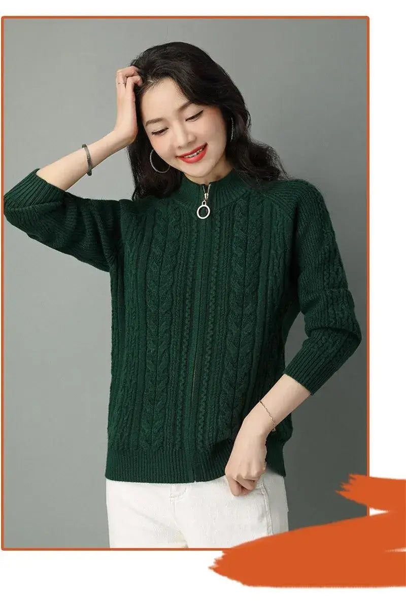 Women Zipper High Collar Knit Cardigan