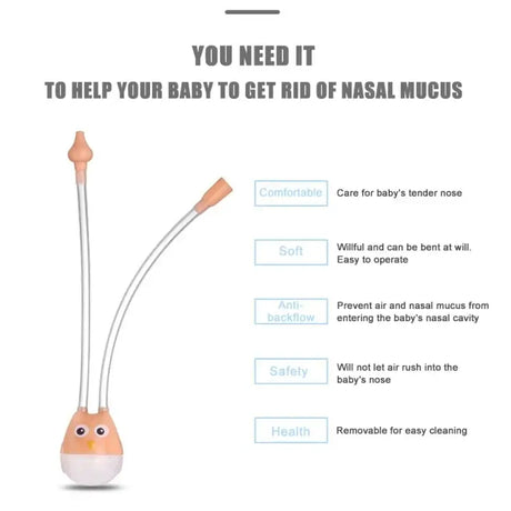 Infant nasal aspirator showing a cartoon design, highlighting comfort, safety, and health for baby nasal mucus removal.