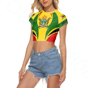 Women's Zimbabwe flag cropped t-shirt, vibrant colors, stylish summer top, paired with denim shorts.