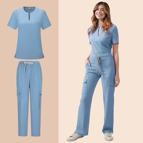 Light blue women's medical scrub set featuring a pocket top and cargo pants, perfect for nursing and healthcare professionals.
