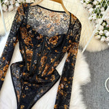 Women Square Neck Mesh Print Bodysuit