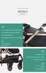 Close-up of a baby stroller showcasing features like an anti-sway hook and 360-degree wheels for easy maneuverability.