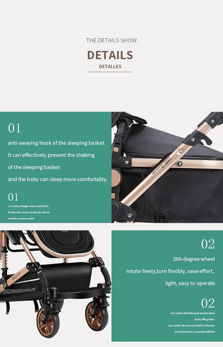 Close-up of a baby stroller showcasing features like an anti-sway hook and 360-degree wheels for easy maneuverability.