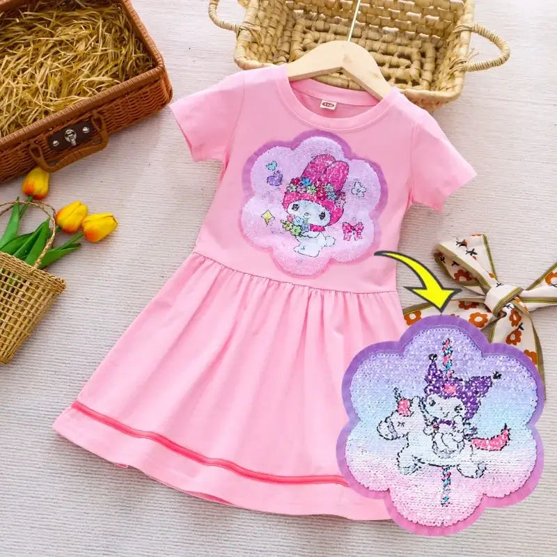 Pink Kuromi dress for girls, featuring a cute cartoon design, knee-length style, perfect for summer wear.