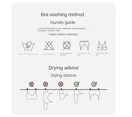 Bra washing and drying guide, including hand wash and drying instructions for optimal care.