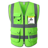 Hi-Vis green safety vest with multiple pockets and reflective stripes for workwear and utility use.