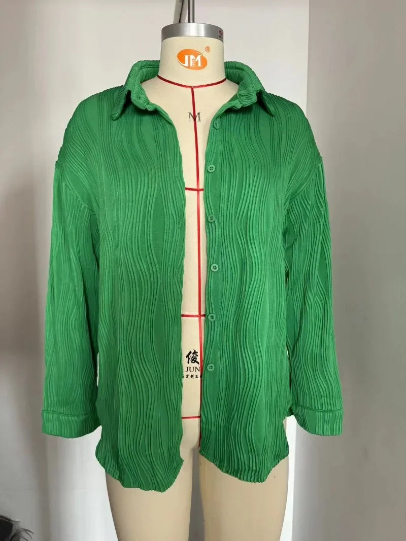 HarajukuMuse green casual blouse on mannequin, featuring a turn-down collar and long sleeves, perfect for spring and autumn.