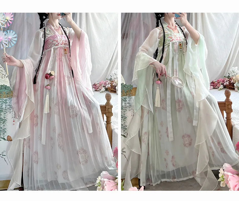 Two vintage Chinese style Hanfu dresses in pastel colors, featuring delicate floral designs and flowing sleeves.